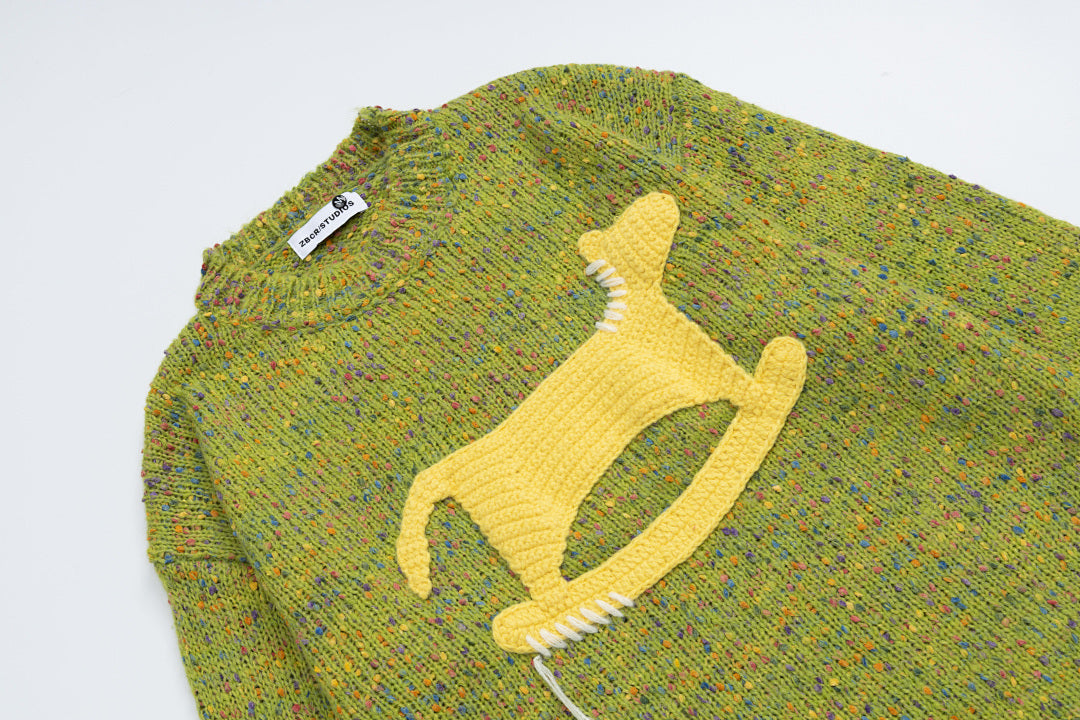 Speckled Knit Sweater With Crochet Rocking Horse Patch