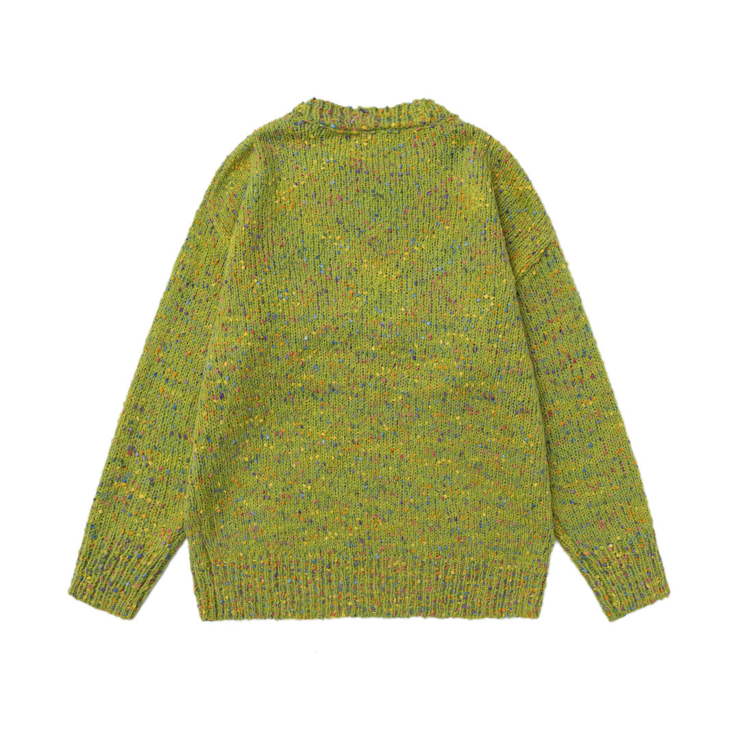 Speckled Knit Sweater With Crochet Rocking Horse Patch