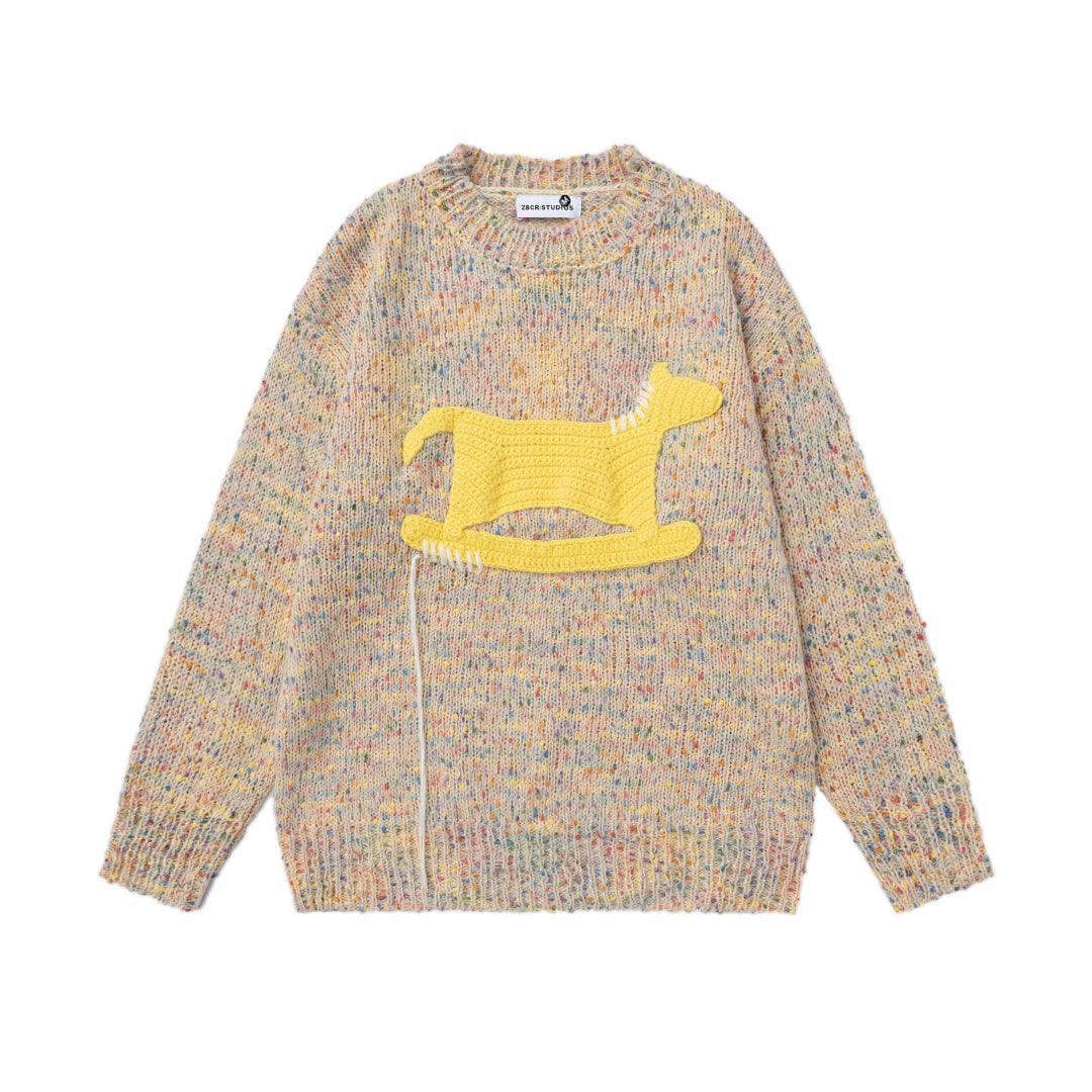 Speckled Knit Sweater With Crochet Rocking Horse Patch