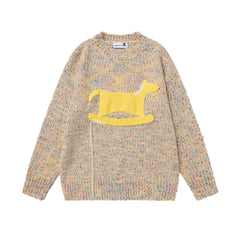 Speckled Knit Sweater With Crochet Rocking Horse Patch