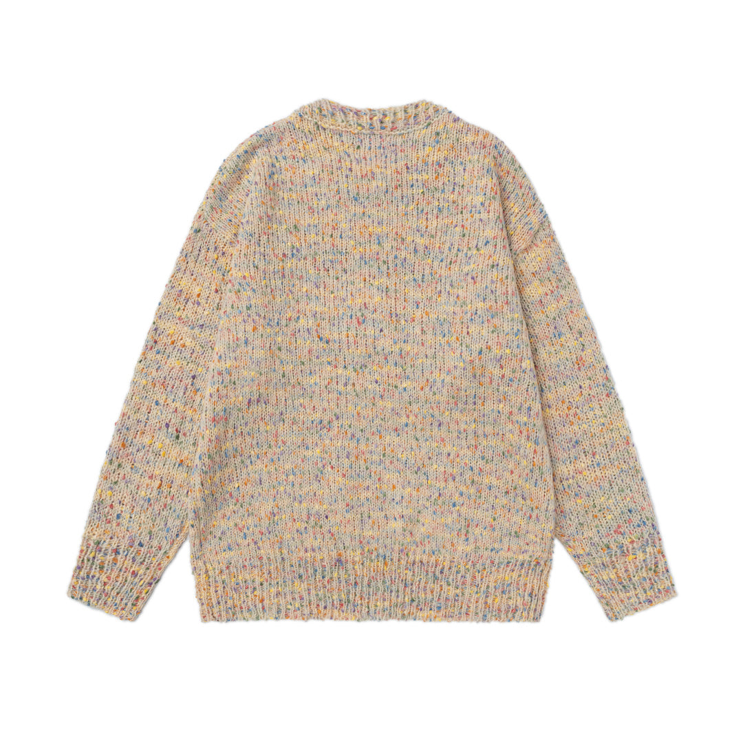 Speckled Knit Sweater With Crochet Rocking Horse Patch