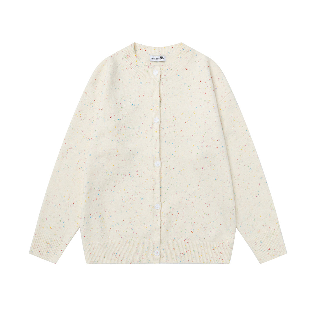 Speckled Knit Cardigan With Detachable Shawl Collar & Flower Brooch