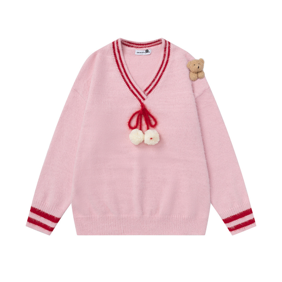 Pom‑pom Drawstring V‑Neck Striped Trim Fuzzy Knit Sweater