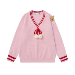 Pom‑pom Drawstring V‑Neck Striped Trim Fuzzy Knit Sweater