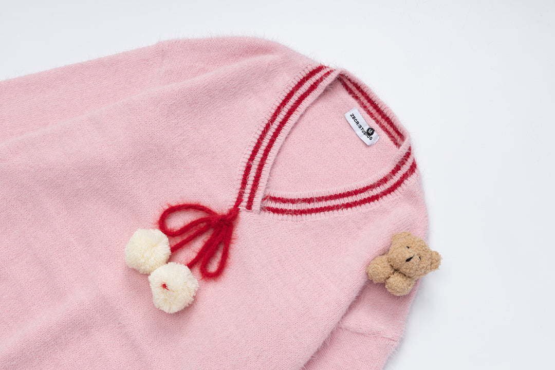Pom‑pom Drawstring V‑Neck Striped Trim Fuzzy Knit Sweater