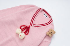 Pom‑pom Drawstring V‑Neck Striped Trim Fuzzy Knit Sweater