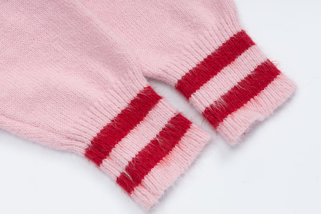 Pom‑pom Drawstring V‑Neck Striped Trim Fuzzy Knit Sweater