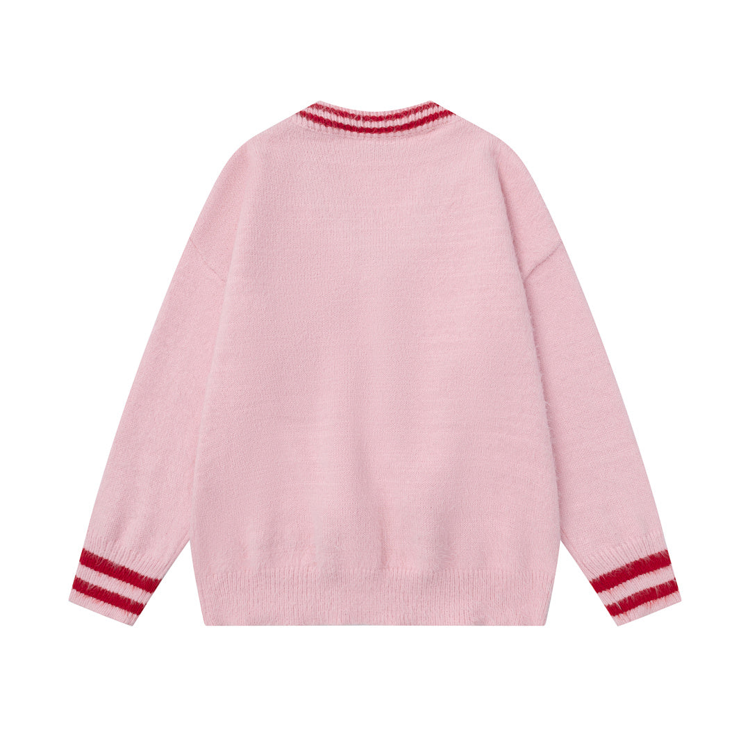 Pom‑pom Drawstring V‑Neck Striped Trim Fuzzy Knit Sweater