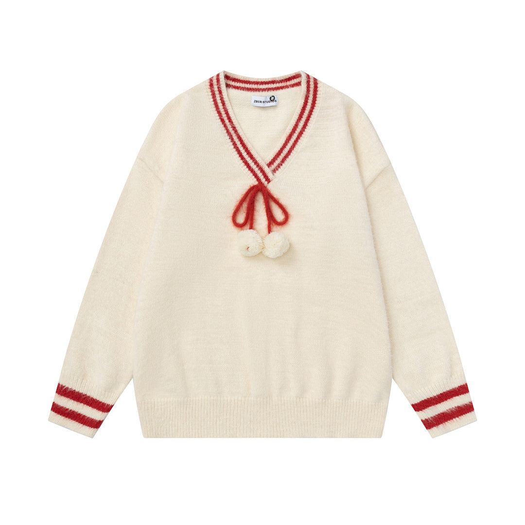 Pom‑pom Drawstring V‑Neck Striped Trim Fuzzy Knit Sweater