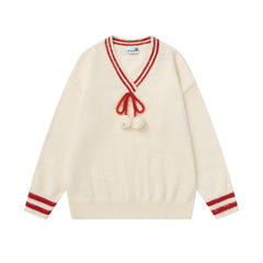 Pom‑pom Drawstring V‑Neck Striped Trim Fuzzy Knit Sweater