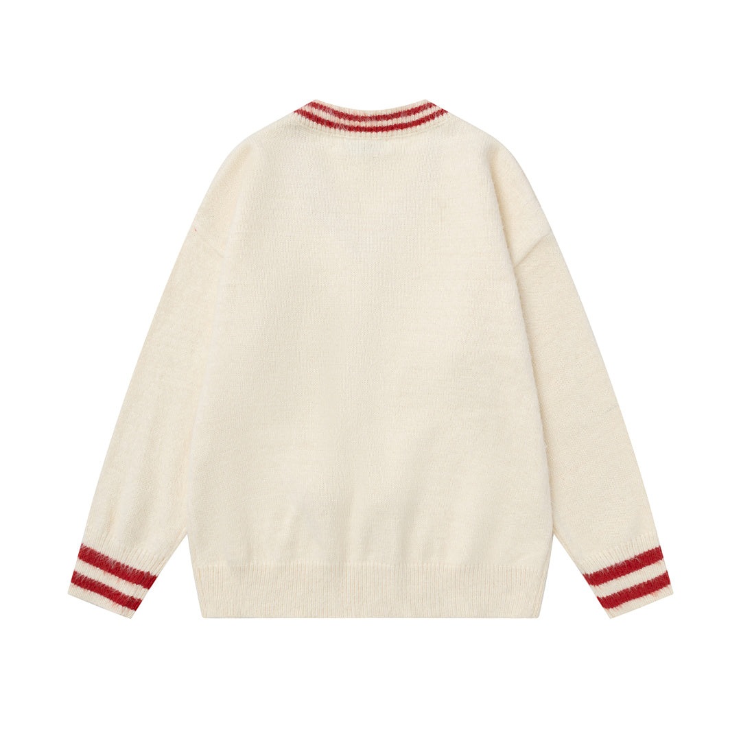 Pom‑pom Drawstring V‑Neck Striped Trim Fuzzy Knit Sweater
