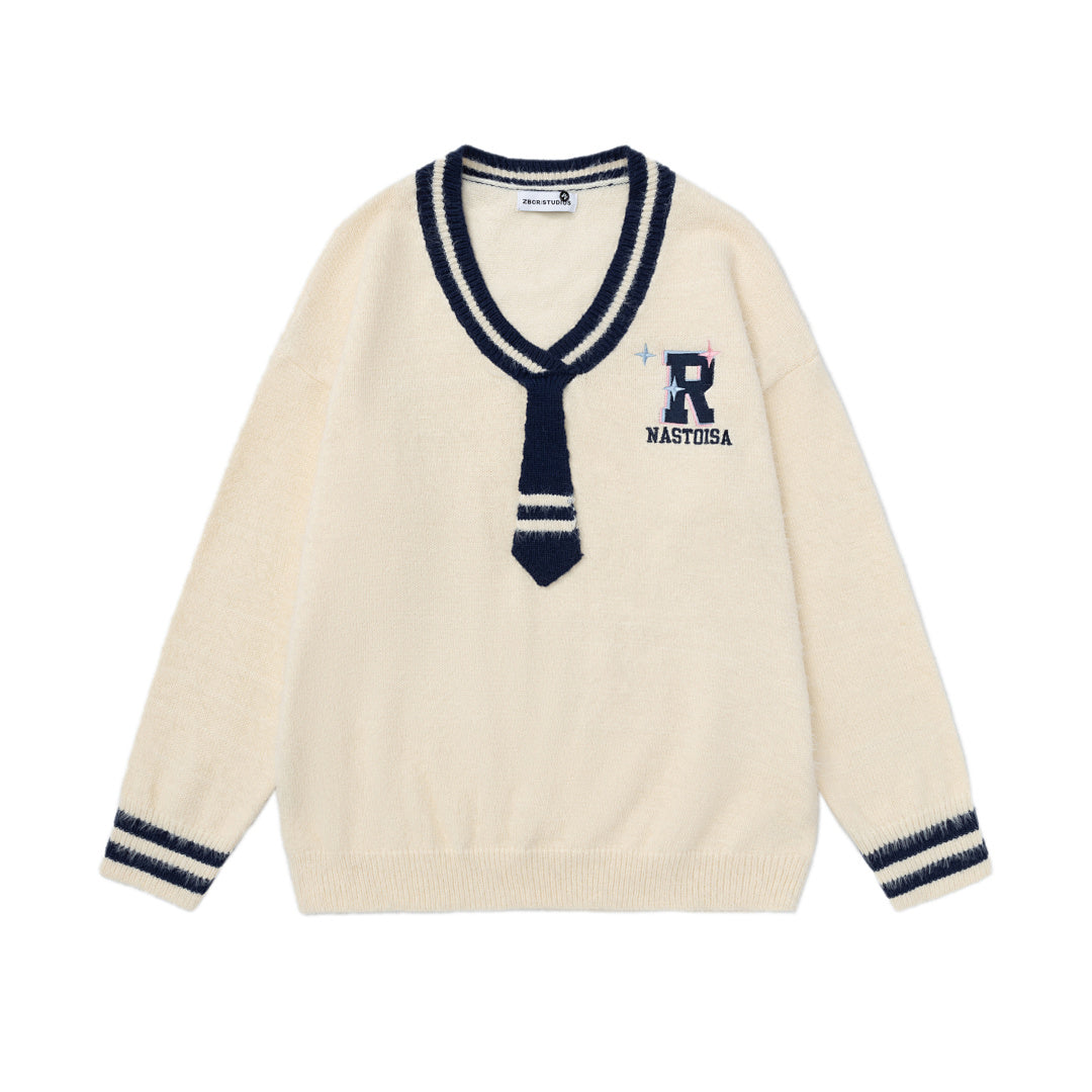 Fuzzy Varsity V‑Neck Sweater With Knit Tie & R Logo