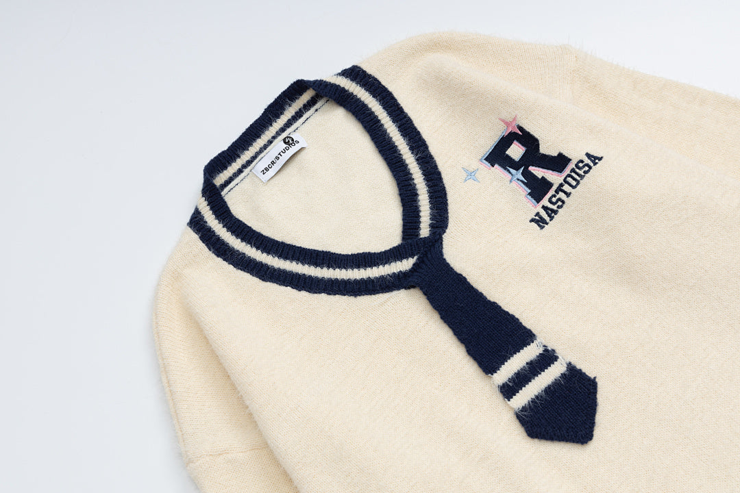 Fuzzy Varsity V‑Neck Sweater With Knit Tie & R Logo