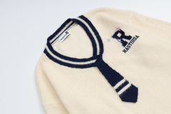 Fuzzy Varsity V‑Neck Sweater With Knit Tie & R Logo