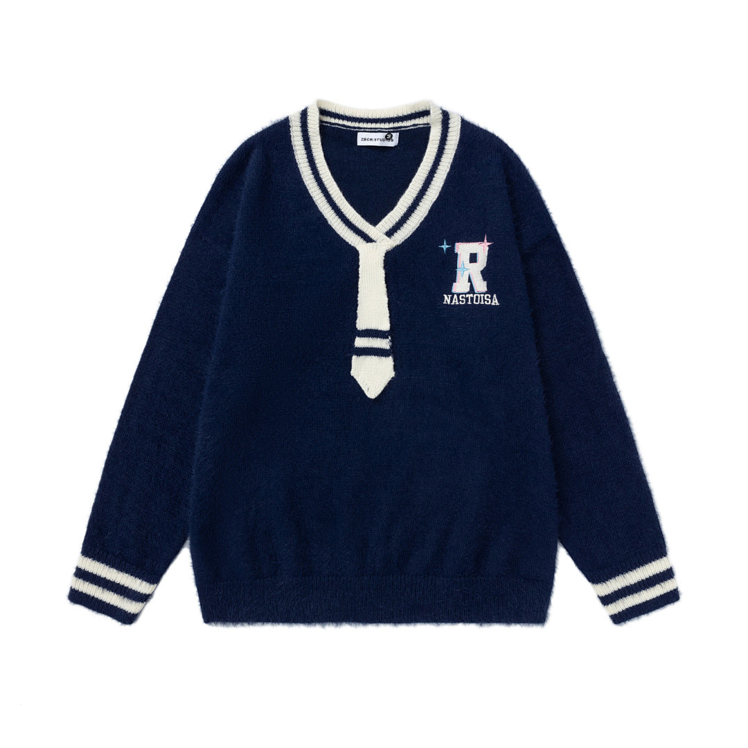 Fuzzy Varsity V‑Neck Sweater With Knit Tie & R Logo