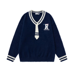 Fuzzy Varsity V‑Neck Sweater With Knit Tie & R Logo