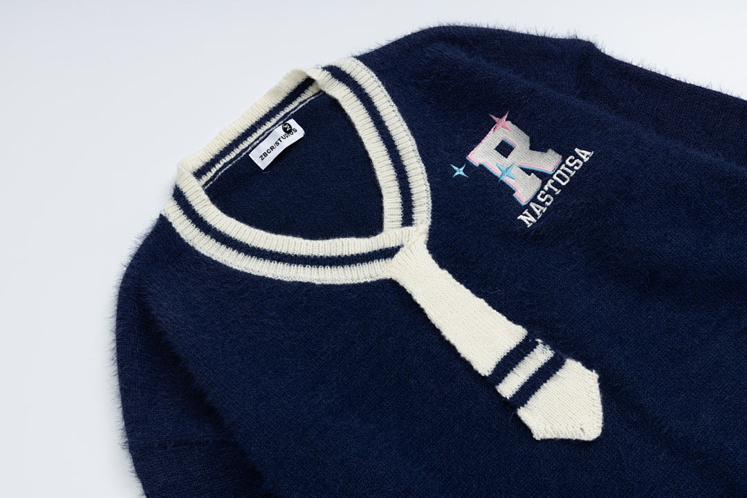 Fuzzy Varsity V‑Neck Sweater With Knit Tie & R Logo