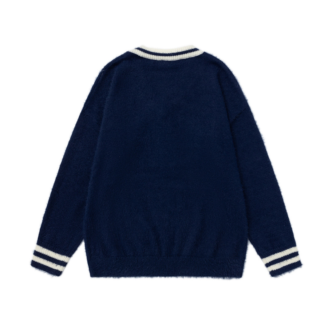 Fuzzy Varsity V‑Neck Sweater With Knit Tie & R Logo