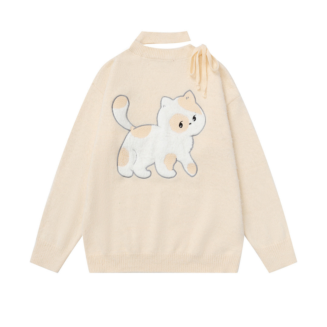 Fuzzy Cut‑Out Neck Cat Graphic Back Print Knit Sweater