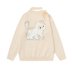 Fuzzy Cut‑Out Neck Cat Graphic Back Print Knit Sweater