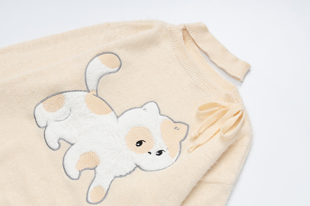 Fuzzy Cut‑Out Neck Cat Graphic Back Print Knit Sweater