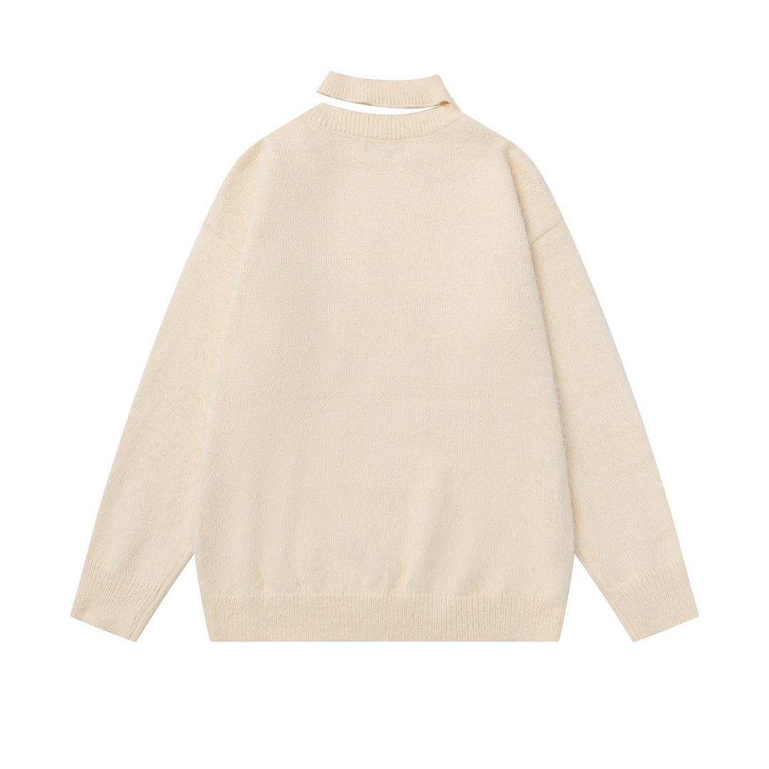 Fuzzy Cut‑Out Neck Cat Graphic Back Print Knit Sweater
