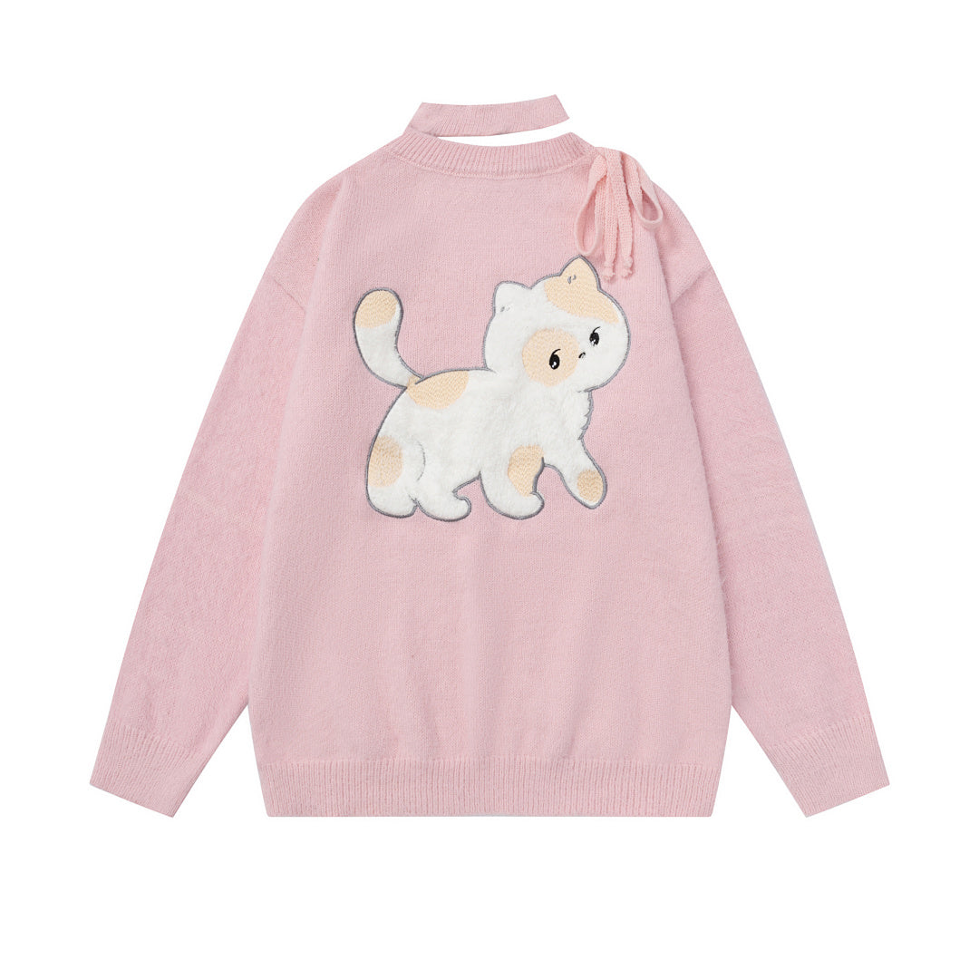 Fuzzy Cut‑Out Neck Cat Graphic Back Print Knit Sweater