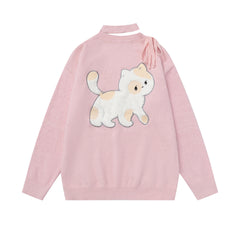 Fuzzy Cut‑Out Neck Cat Graphic Back Print Knit Sweater