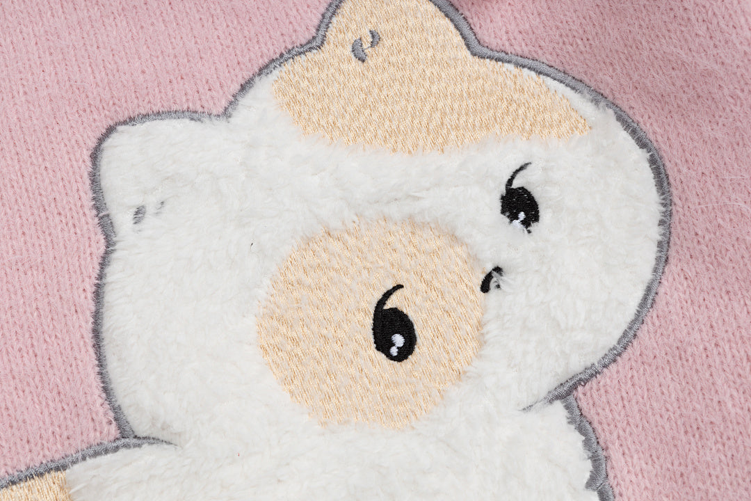 Fuzzy Cut‑Out Neck Cat Graphic Back Print Knit Sweater