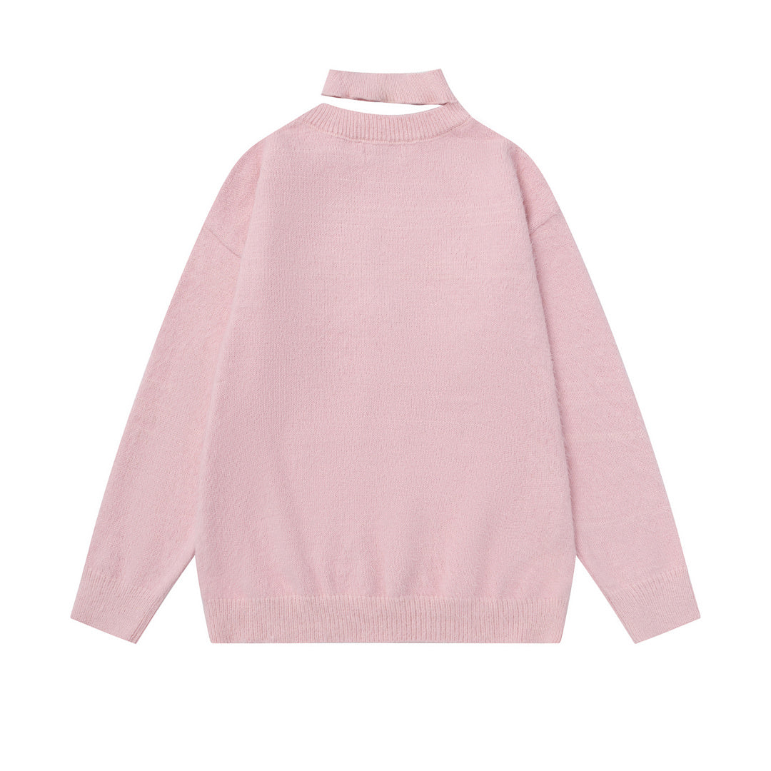 Fuzzy Cut‑Out Neck Cat Graphic Back Print Knit Sweater