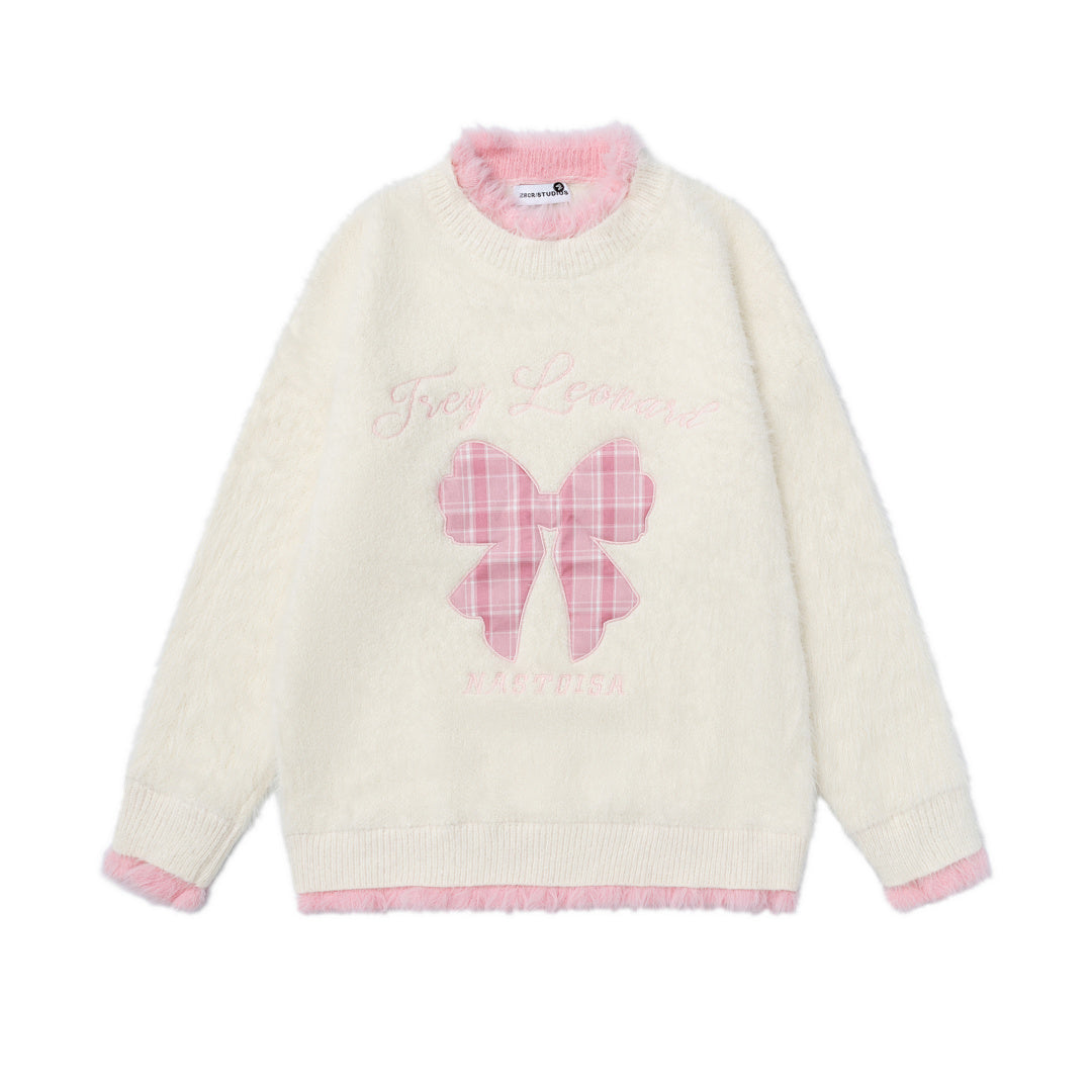 Faux Fur Contrast Fuzzy Trim Plaid Bow Embroidery Crewneck Sweater