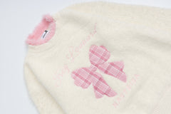 Faux Fur Contrast Fuzzy Trim Plaid Bow Embroidery Crewneck Sweater