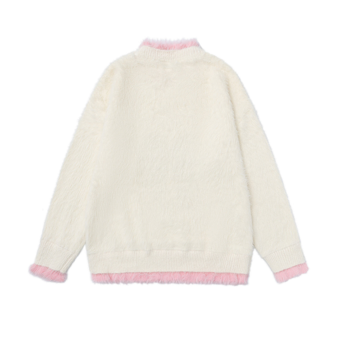 Faux Fur Contrast Fuzzy Trim Plaid Bow Embroidery Crewneck Sweater