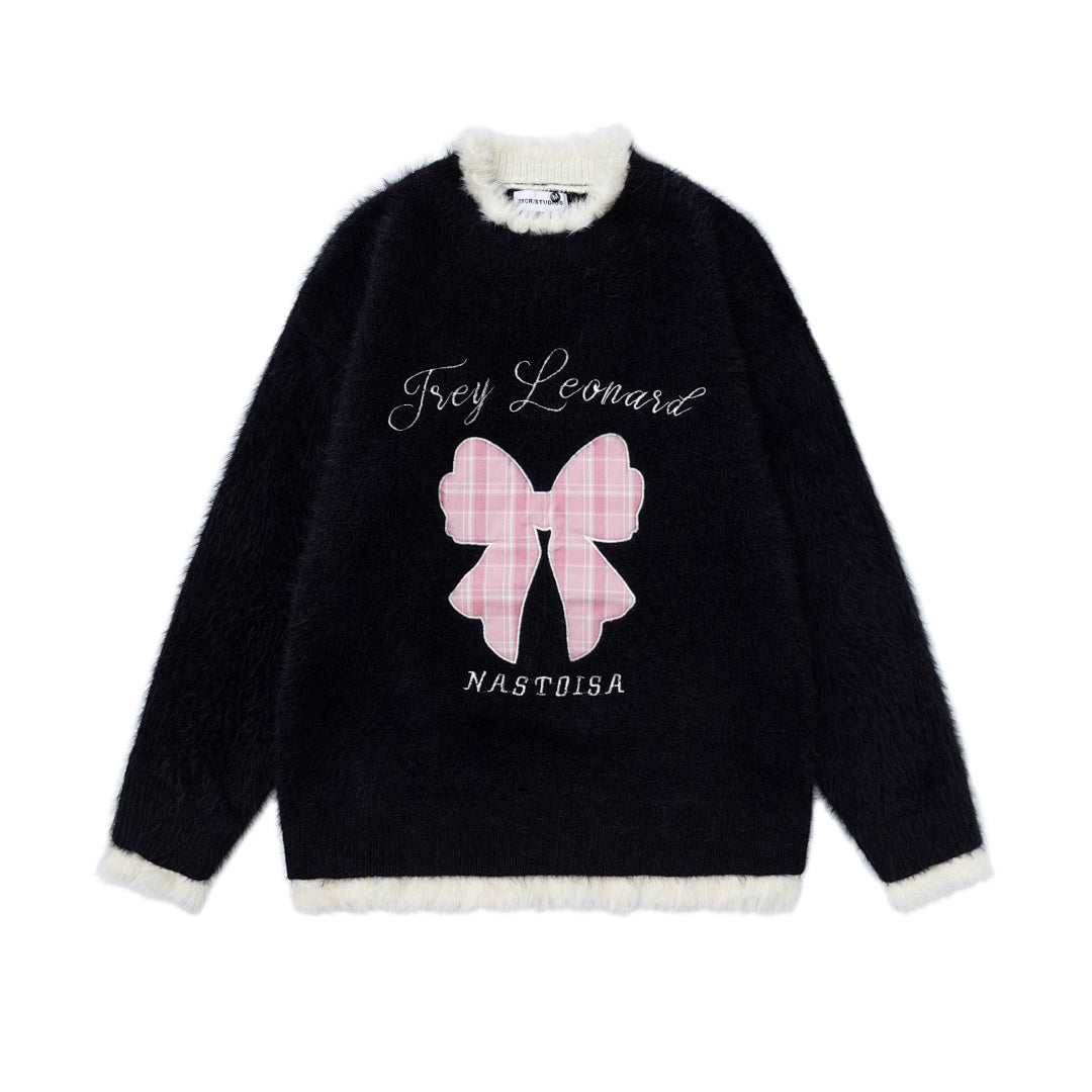 Faux Fur Contrast Fuzzy Trim Plaid Bow Embroidery Crewneck Sweater