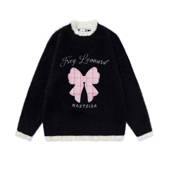 Faux Fur Contrast Fuzzy Trim Plaid Bow Embroidery Crewneck Sweater