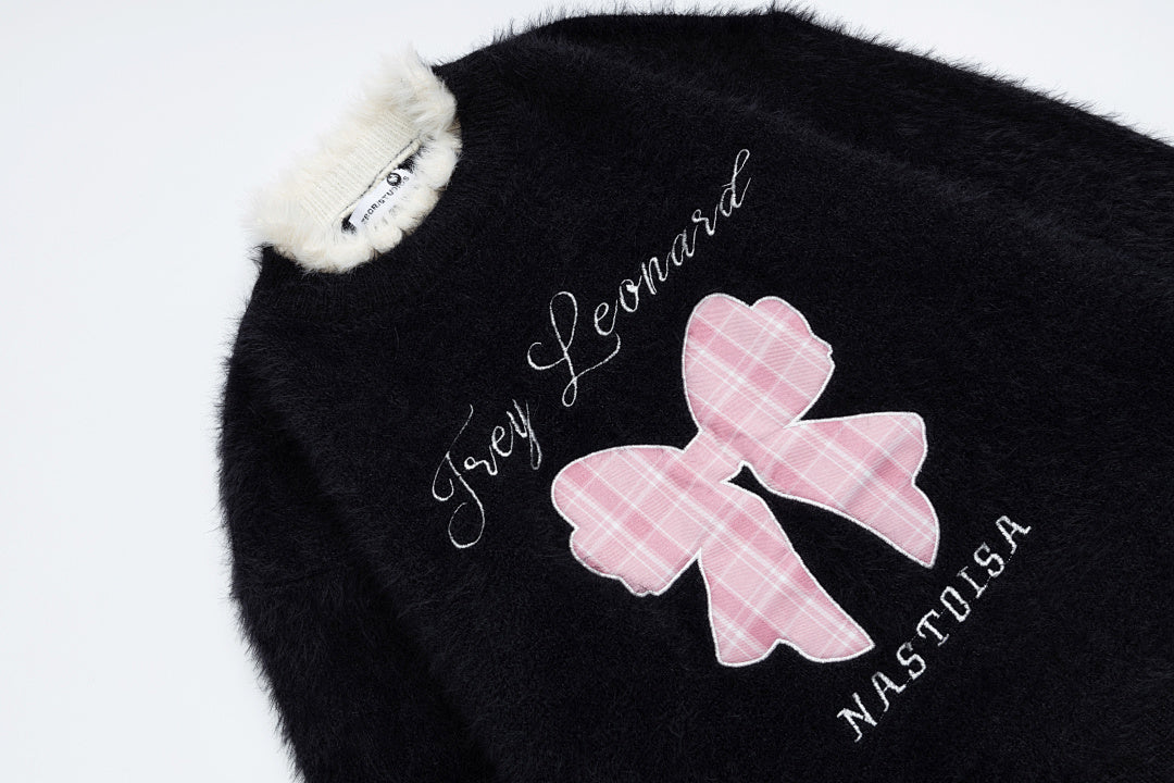 Faux Fur Contrast Fuzzy Trim Plaid Bow Embroidery Crewneck Sweater