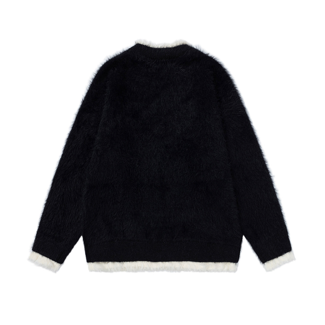 Faux Fur Contrast Fuzzy Trim Plaid Bow Embroidery Crewneck Sweater
