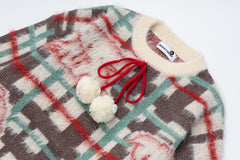 Plaid Bear Jacquard Knit Sweater With Pom‑pom Drawstring