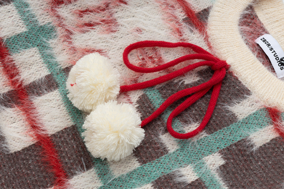 Plaid Bear Jacquard Knit Sweater With Pom‑pom Drawstring