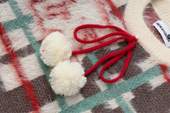 Plaid Bear Jacquard Knit Sweater With Pom‑pom Drawstring