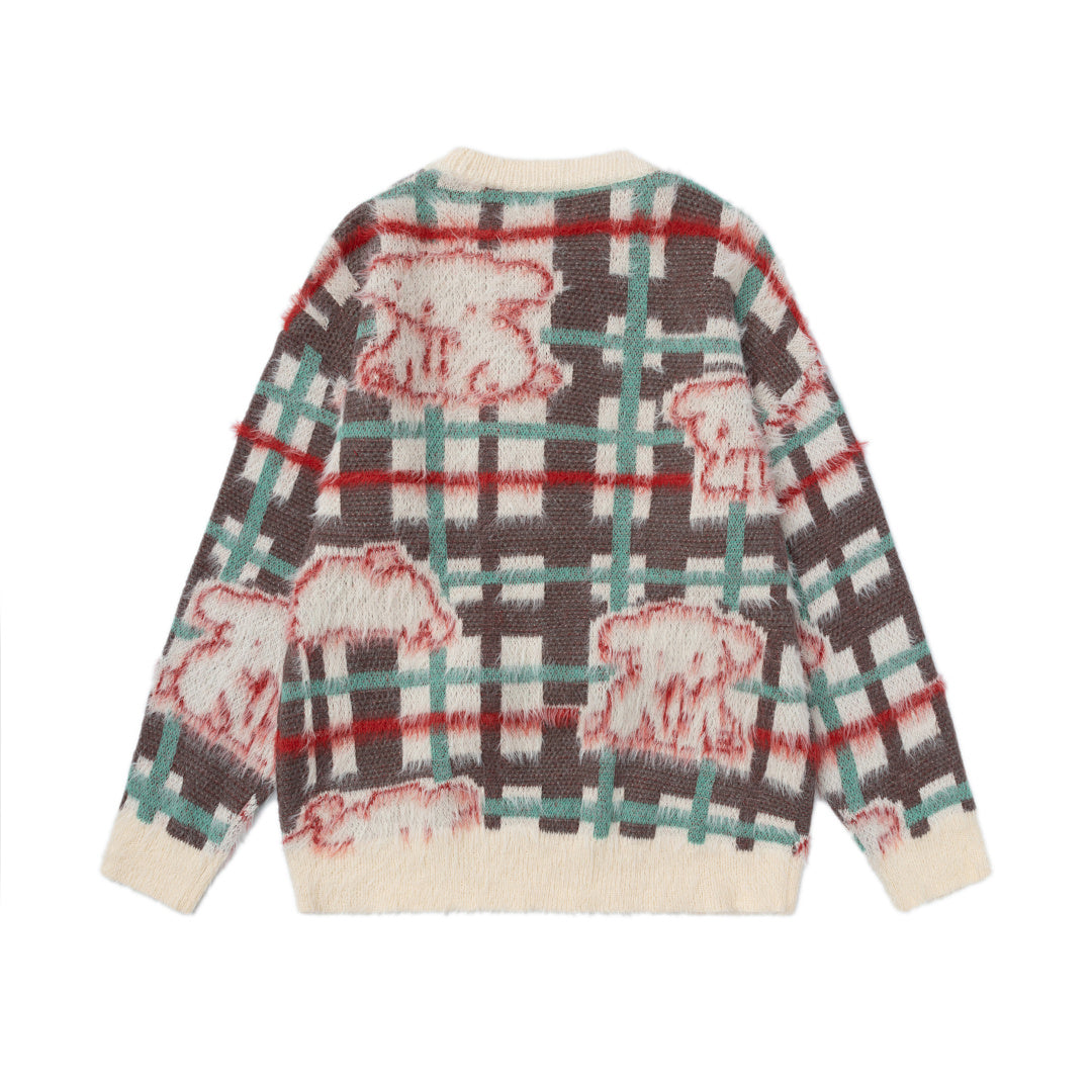 Plaid Bear Jacquard Knit Sweater With Pom‑pom Drawstring