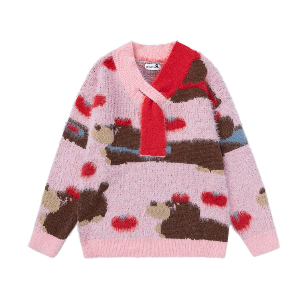 Fuzzy Dachshund Jacquard Knit Sweater With Knot Collar