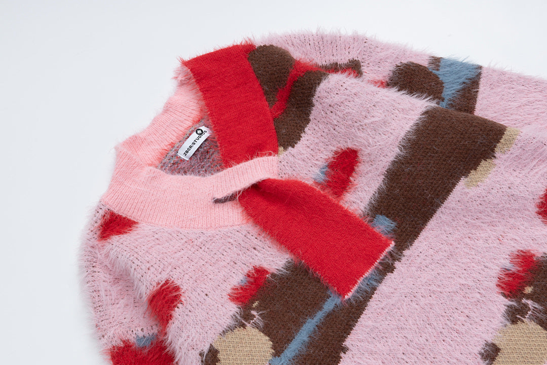 Fuzzy Dachshund Jacquard Knit Sweater With Knot Collar