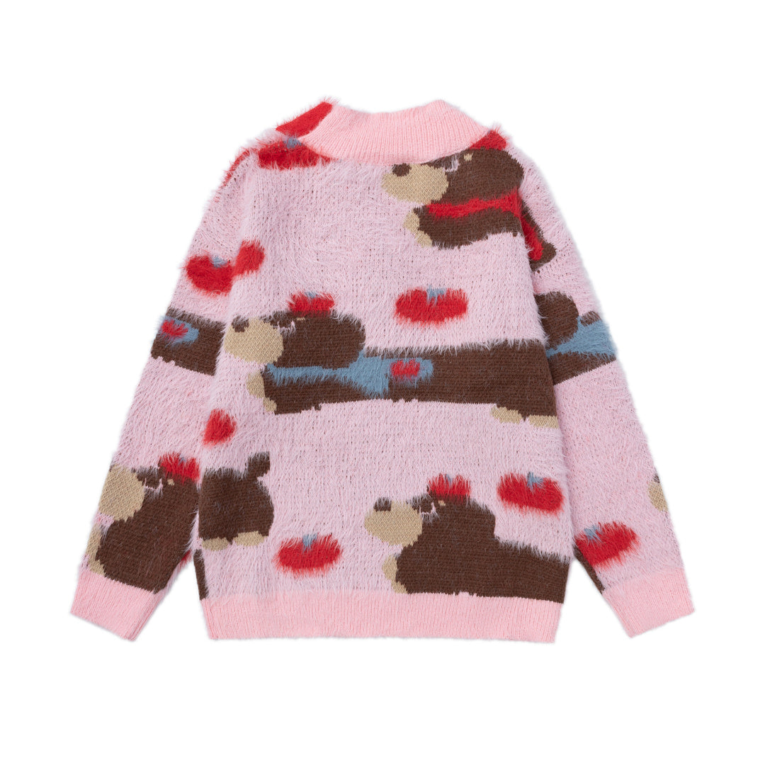 Fuzzy Dachshund Jacquard Knit Sweater With Knot Collar