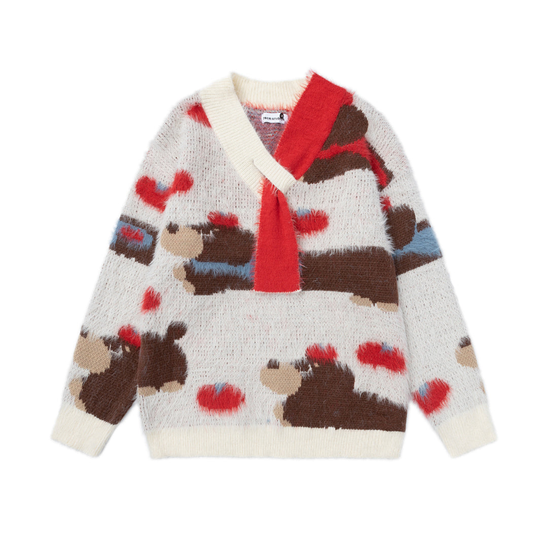 Fuzzy Dachshund Jacquard Knit Sweater With Knot Collar