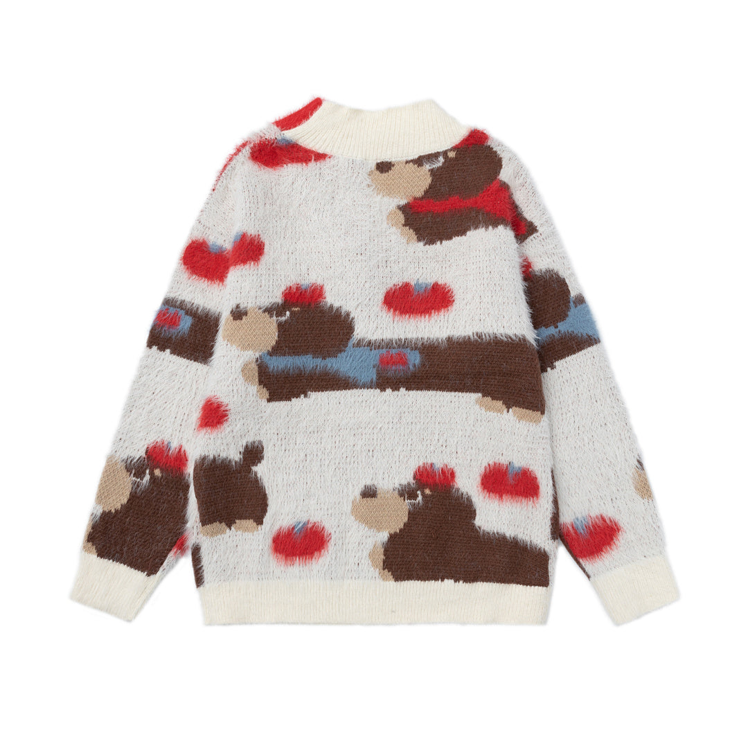 Fuzzy Dachshund Jacquard Knit Sweater With Knot Collar