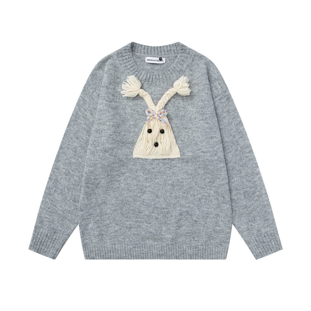 3D Braided Tassel Doll Applique Crewneck Sweater