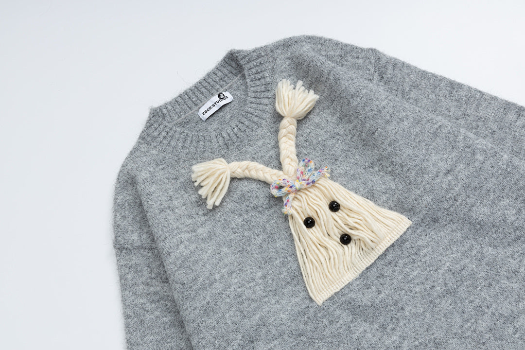 3D Braided Tassel Doll Applique Crewneck Sweater