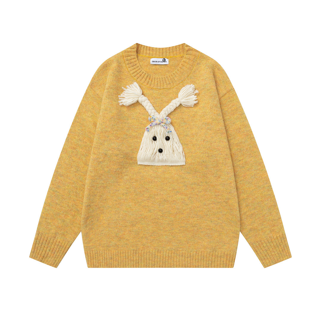 3D Braided Tassel Doll Applique Crewneck Sweater