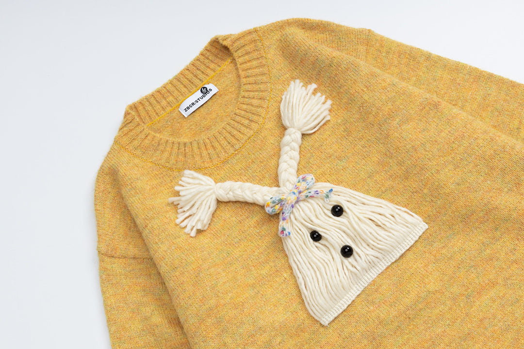 3D Braided Tassel Doll Applique Crewneck Sweater
